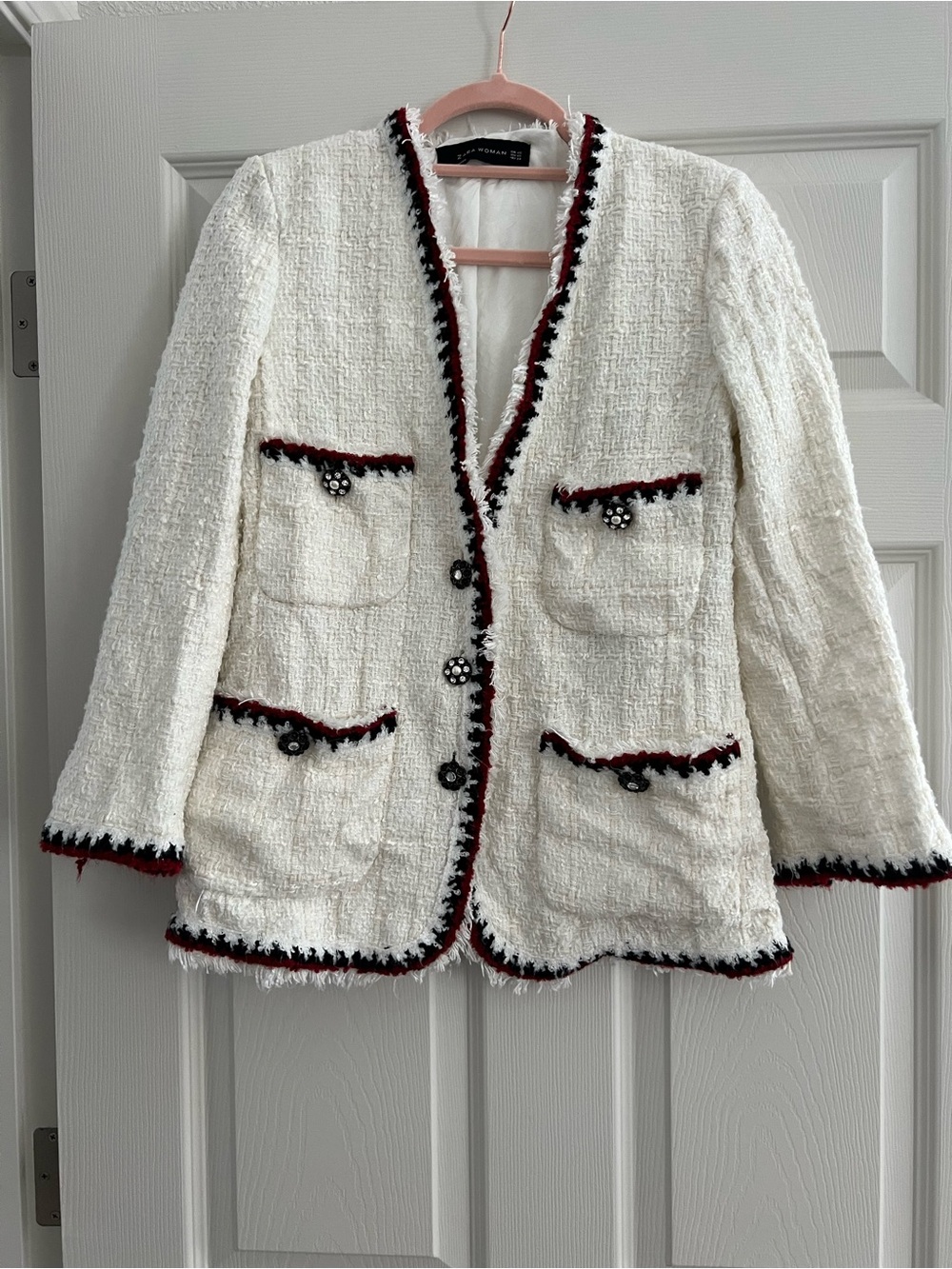 Zara Cream Bouclé Blazer with Black and Burgundy Trim